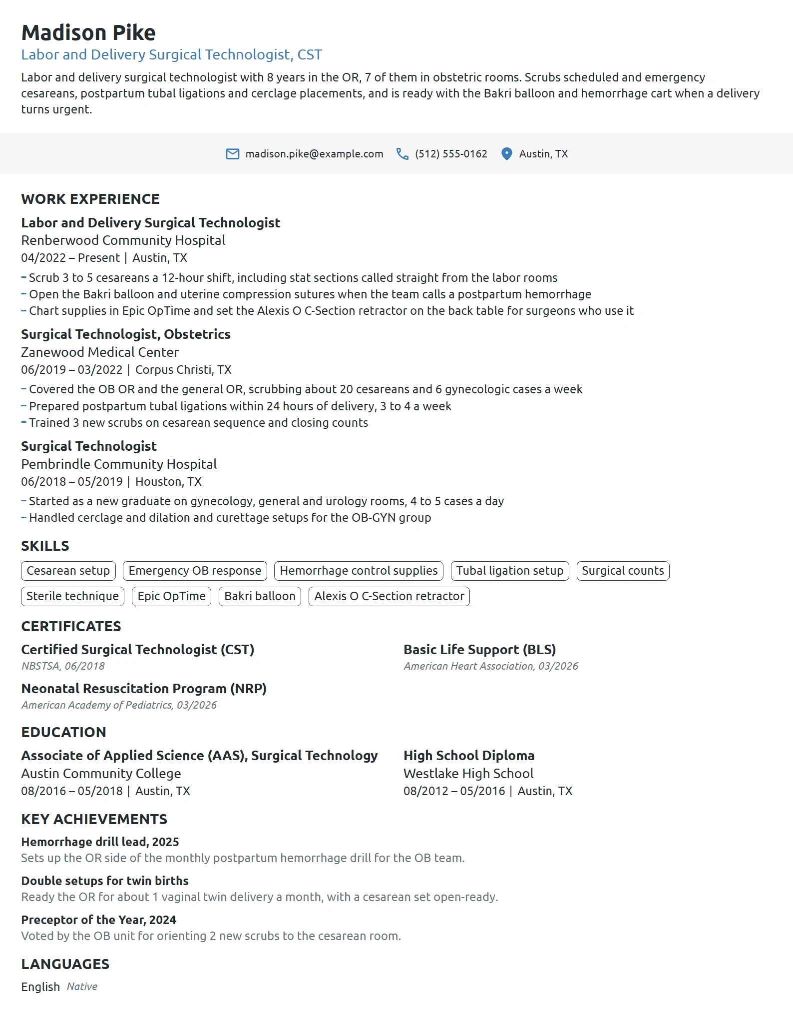 Labor and Delivery Surgical Tech resume example
