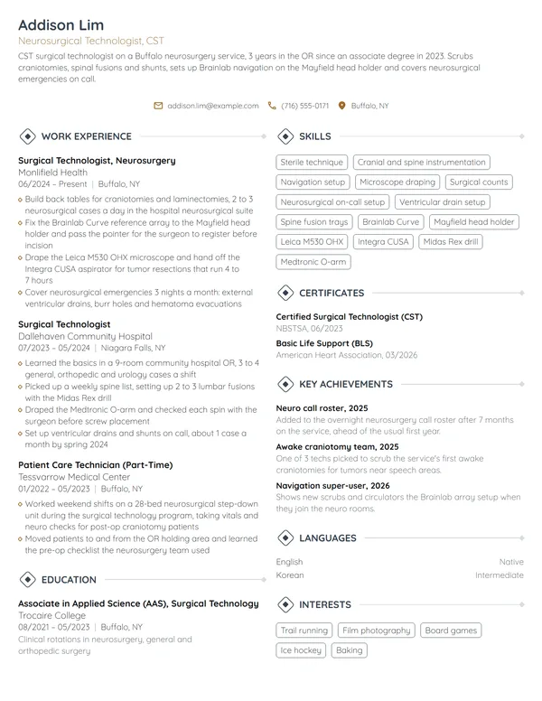 Neuro Surgical Tech resume example