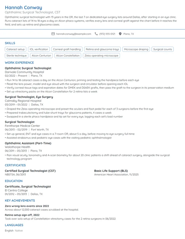 Ophthalmic Surgical Tech resume example