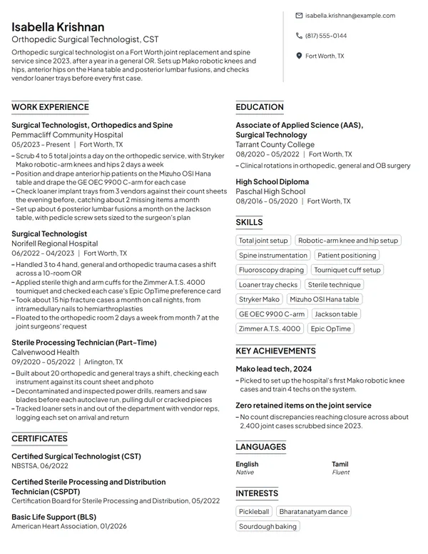 Orthopedic Surgical Tech resume example