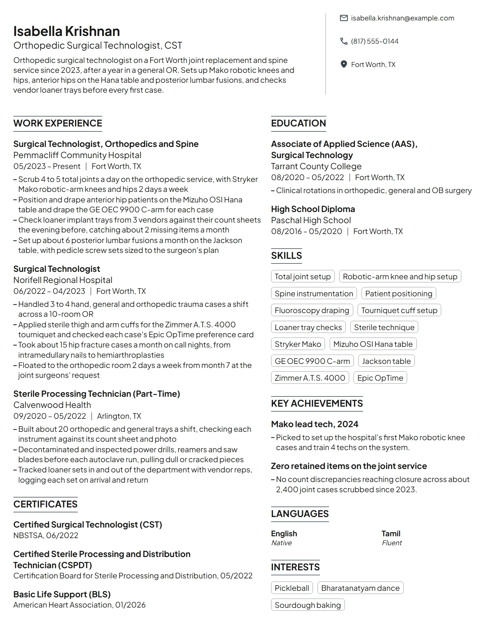 Orthopedic Surgical Tech resume example