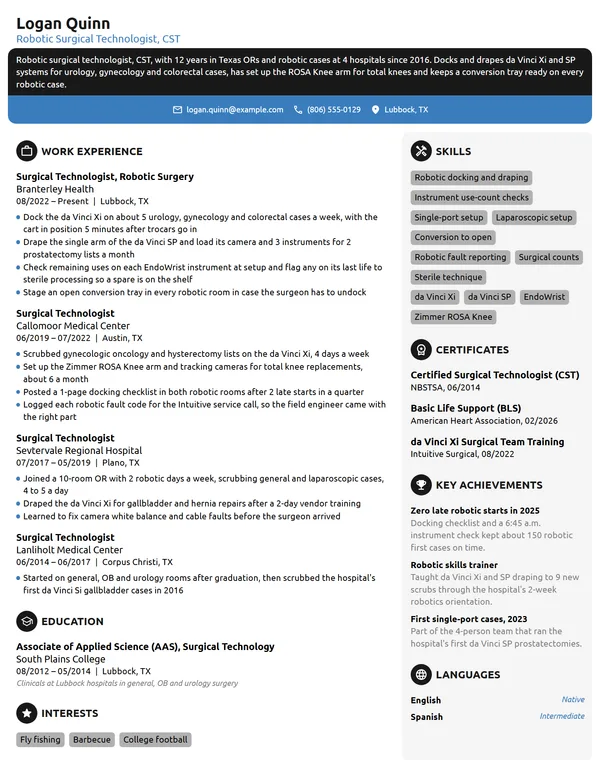 Robotic Surgical Tech resume example