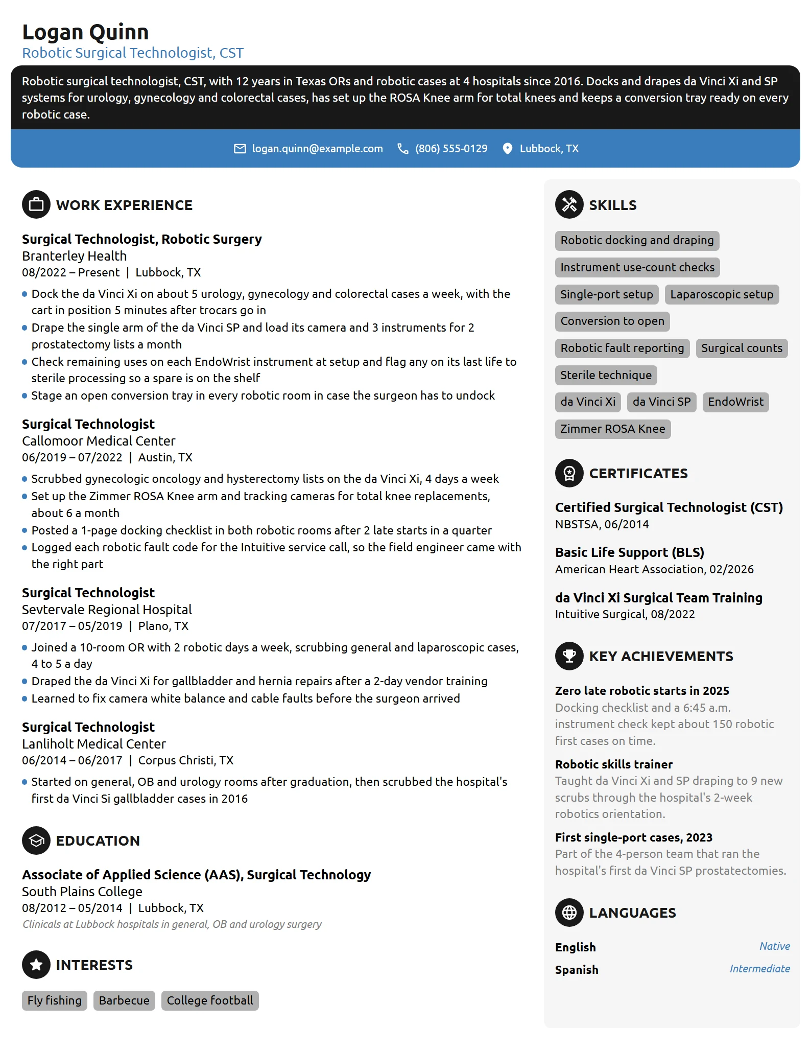 Robotic Surgical Tech resume example