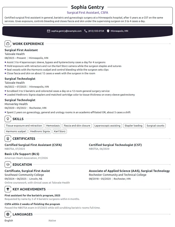 Surgical First Assistant resume example