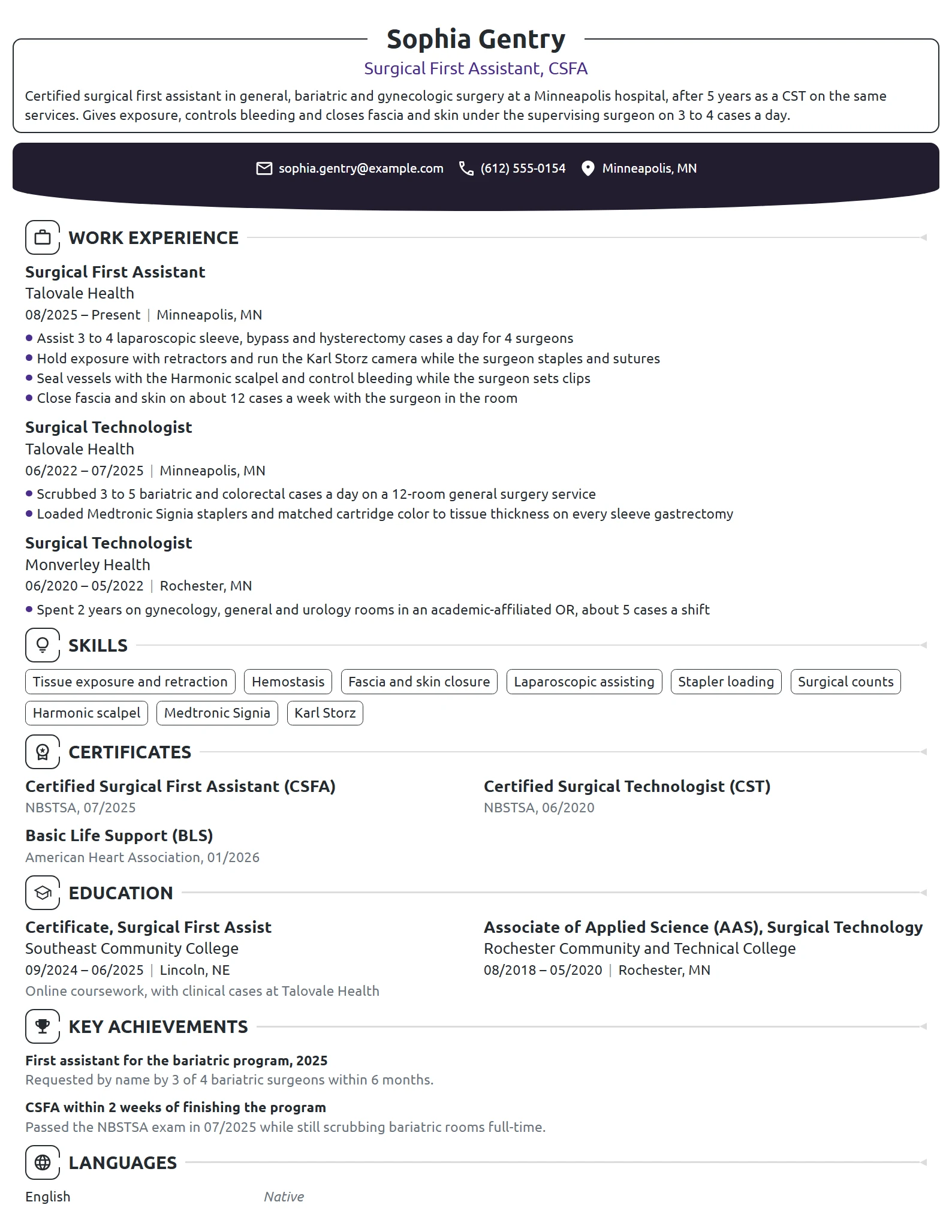 Surgical First Assistant resume example