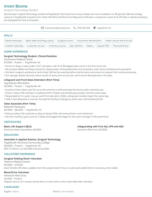 Surgical Technology Student resume example