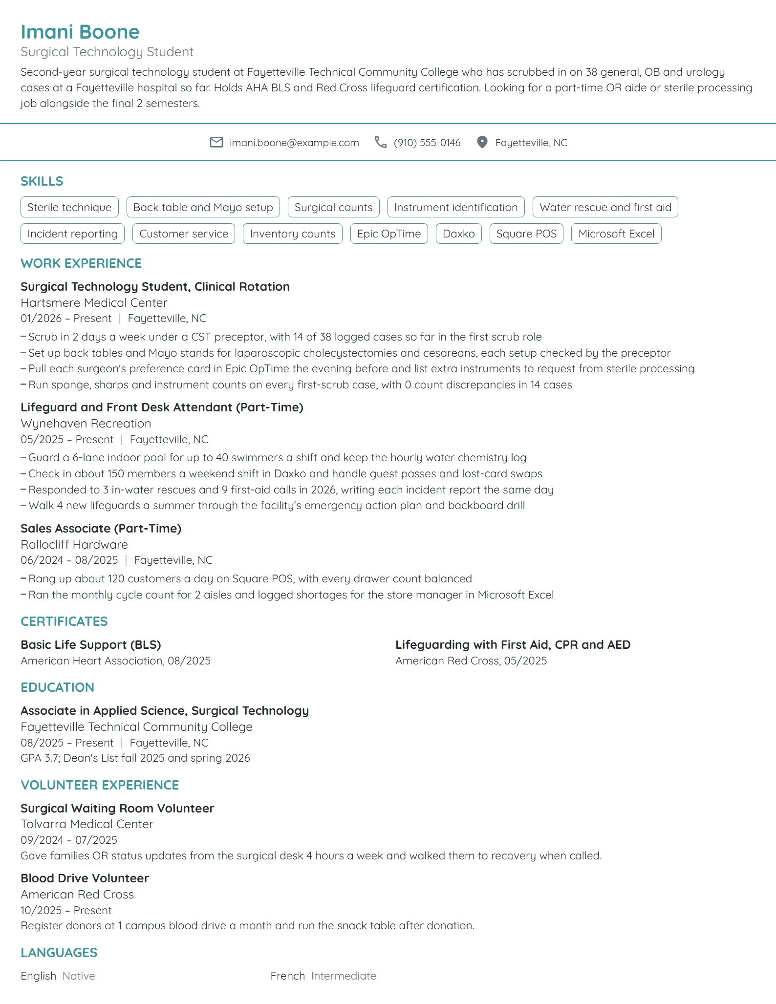 Surgical Technology Student resume example
