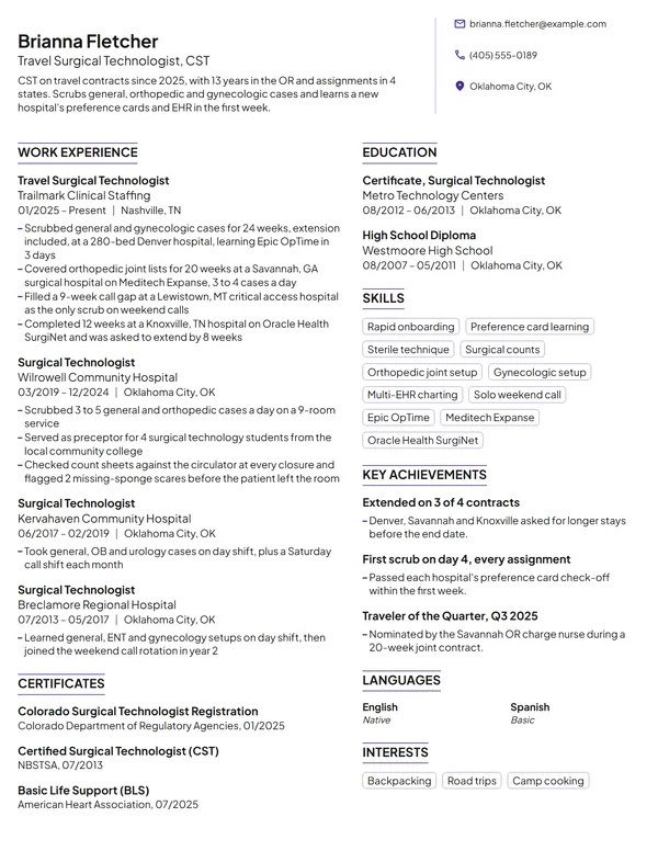 Travel Surgical Tech resume example