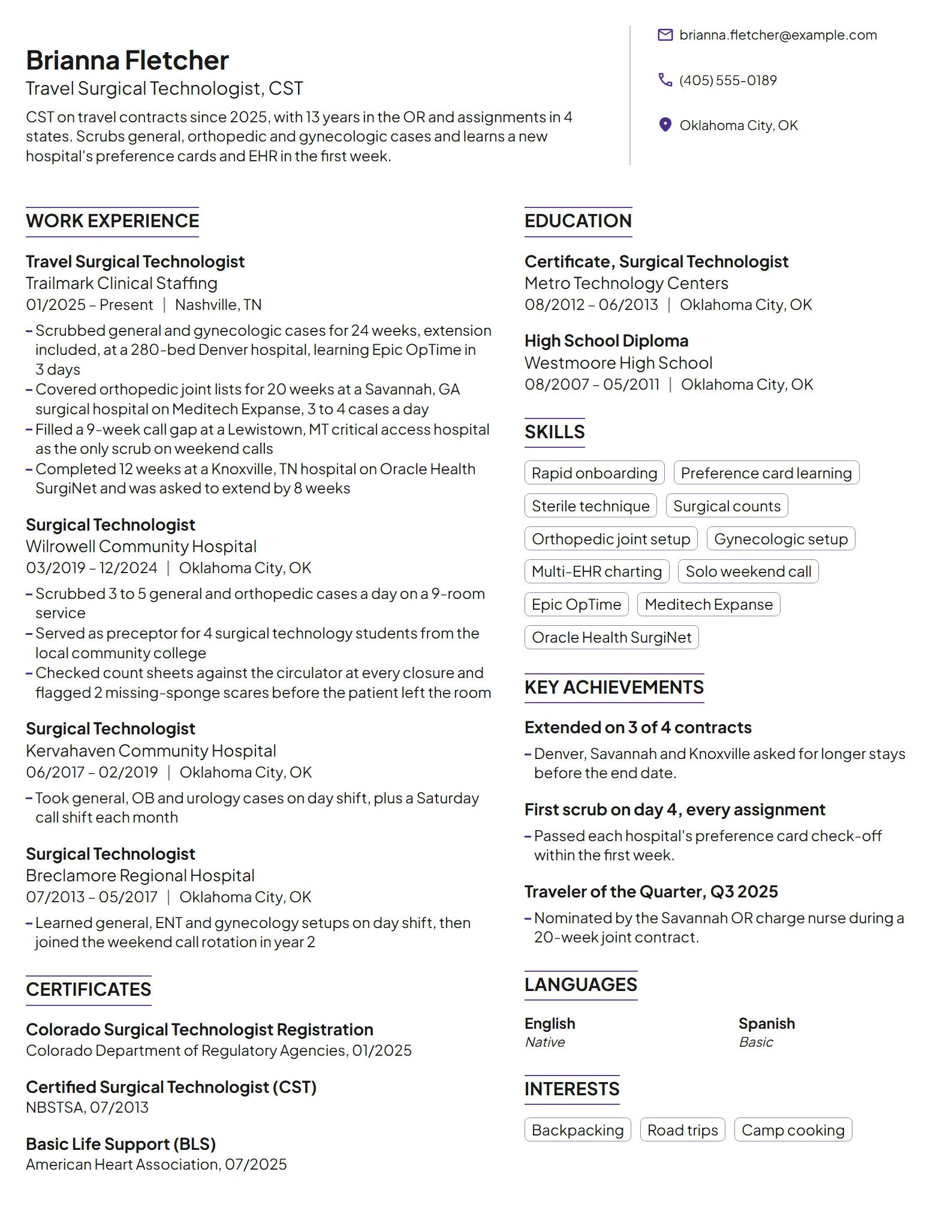 Travel Surgical Tech resume example