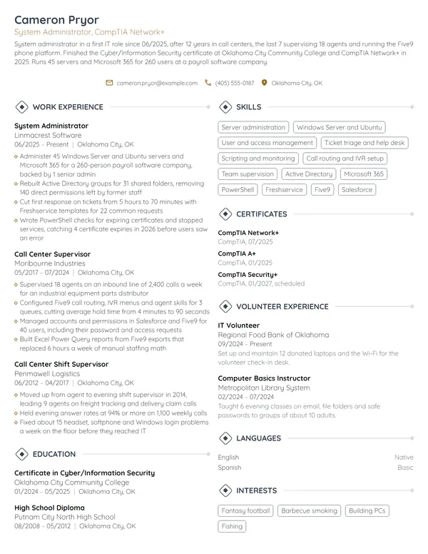 Career Change System Administrator resume example