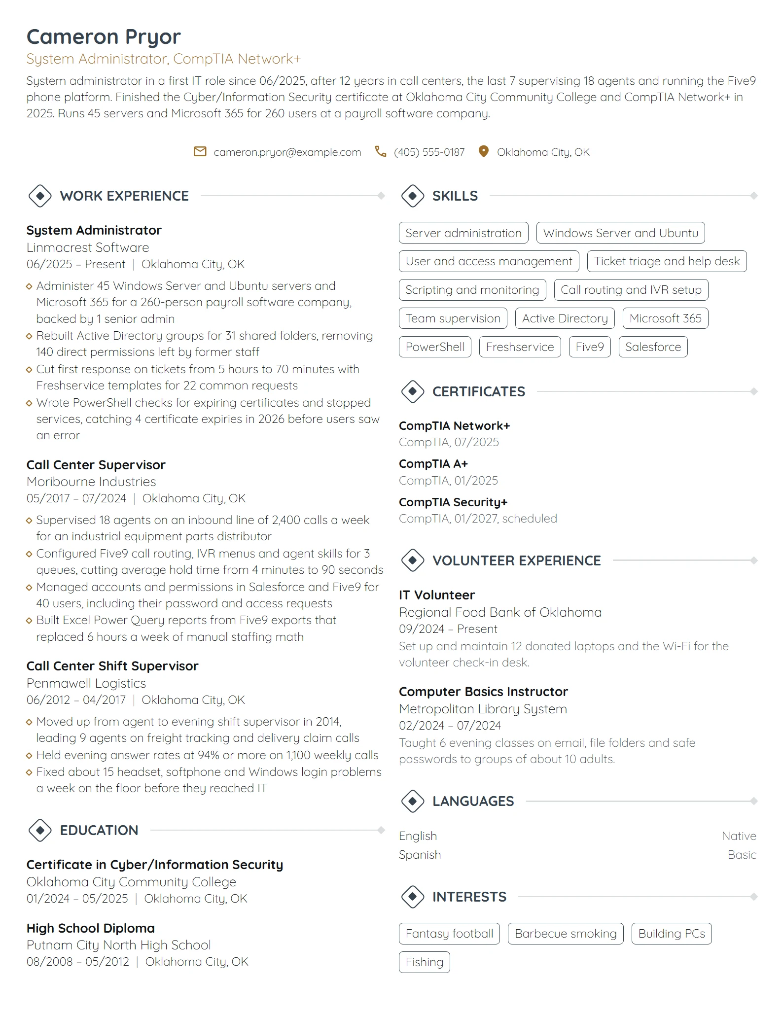 Career Change System Administrator resume example