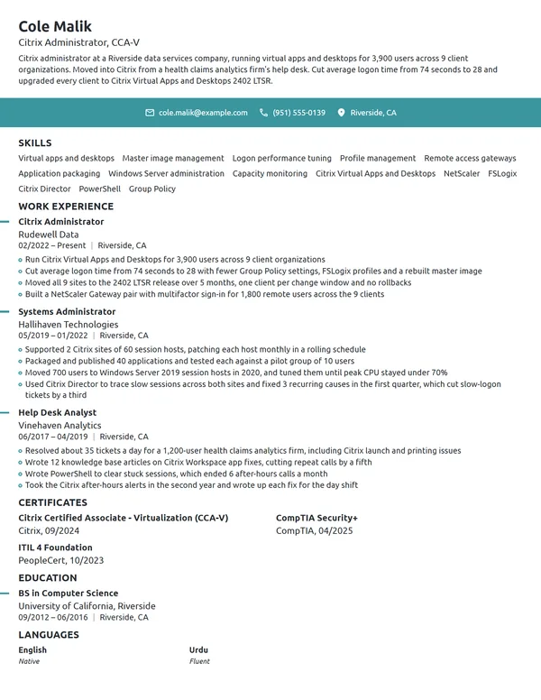 Citrix Administrator resume example