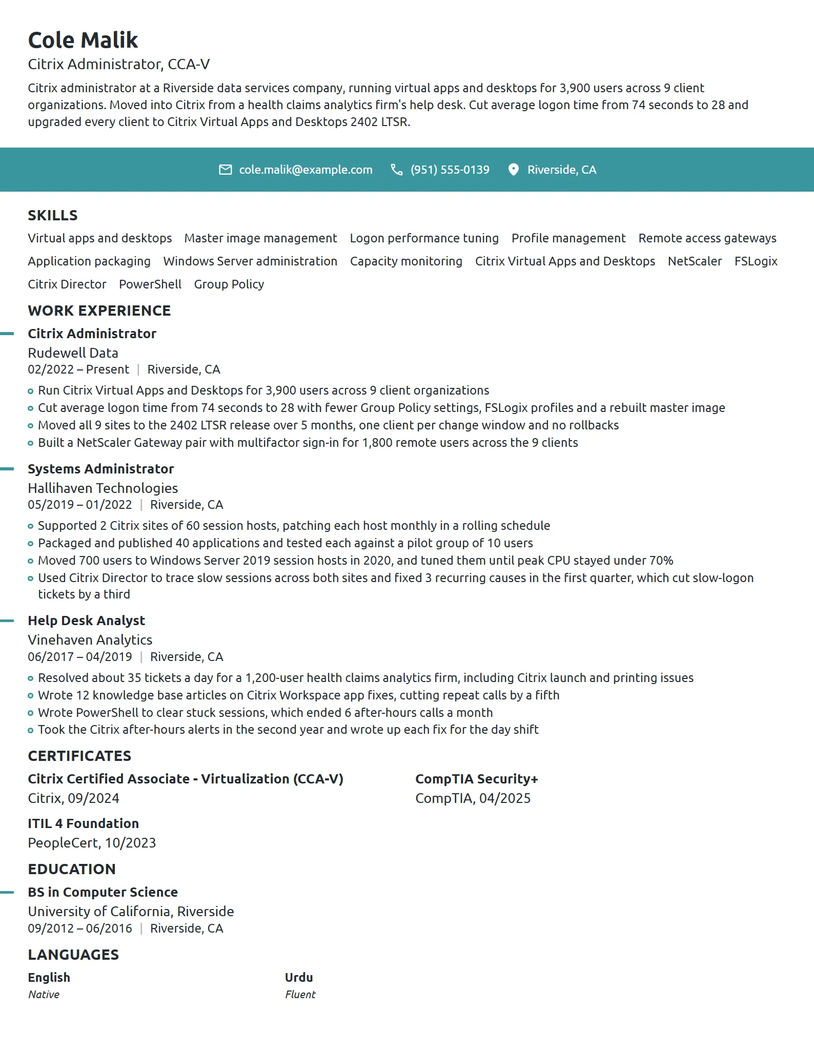 Citrix Administrator resume example
