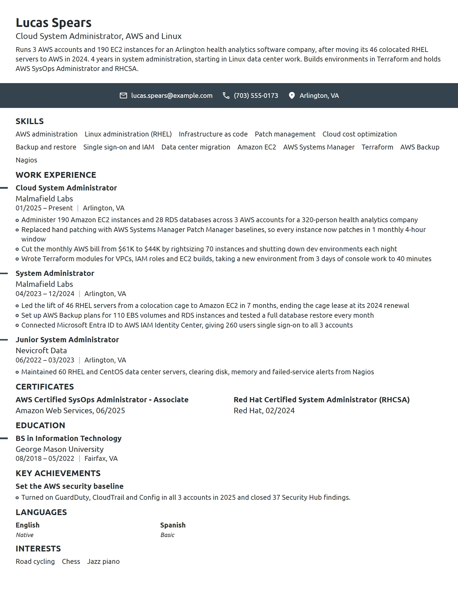 Cloud System Administrator resume example