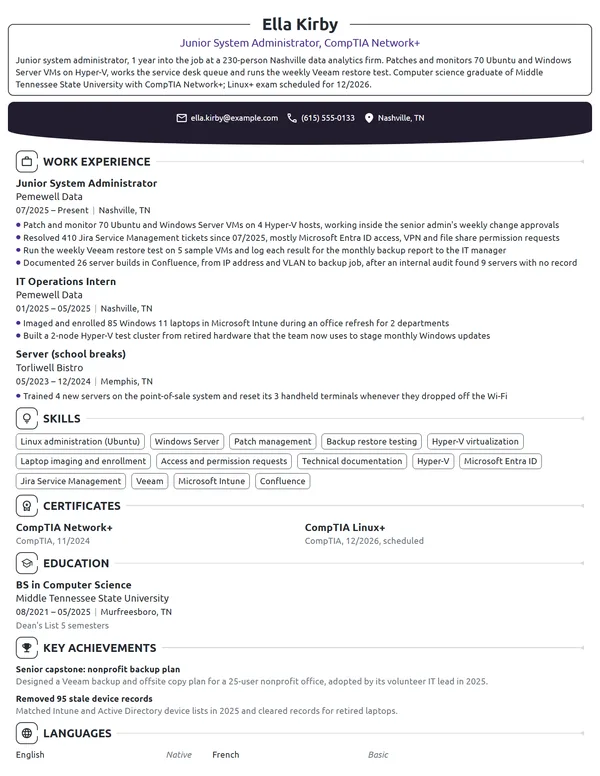 Entry-Level System Administrator resume example