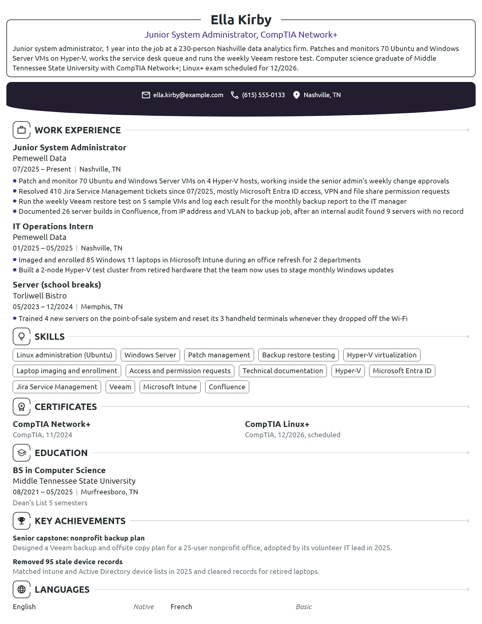 Entry-Level System Administrator resume example