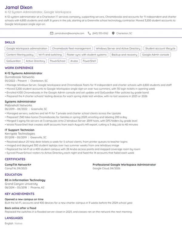 K-12 System Administrator resume example
