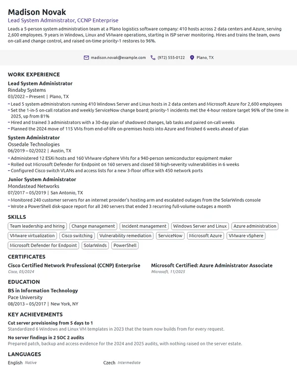Lead System Administrator resume example