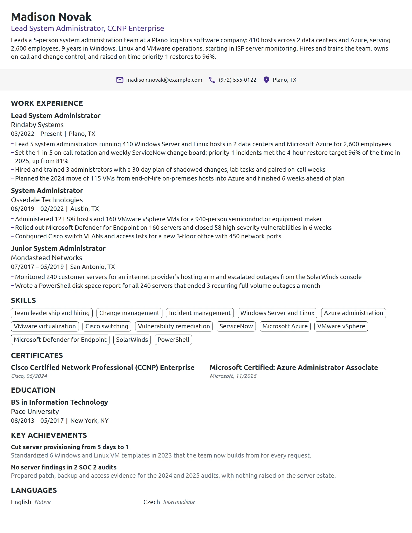 Lead System Administrator resume example
