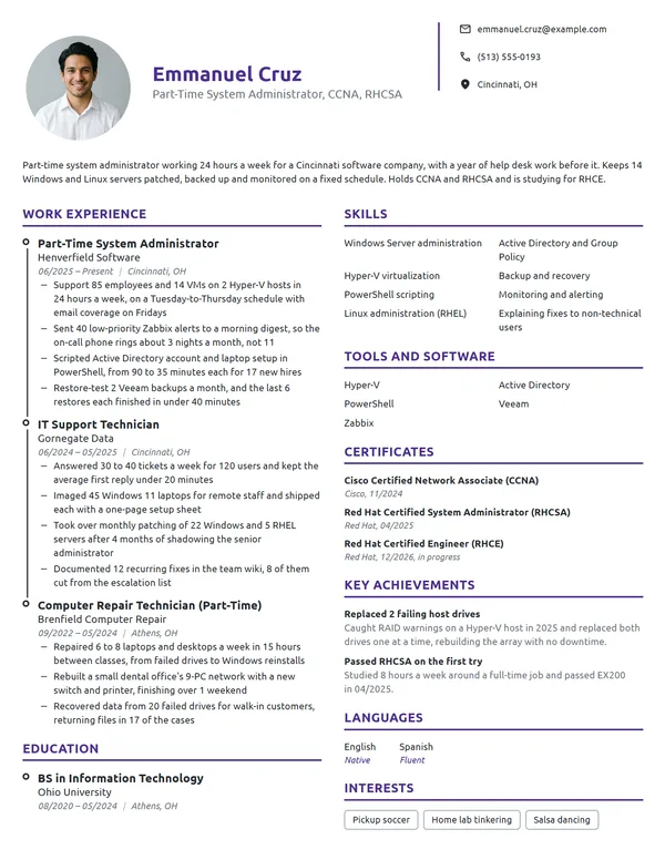 Part-Time System Administrator resume example