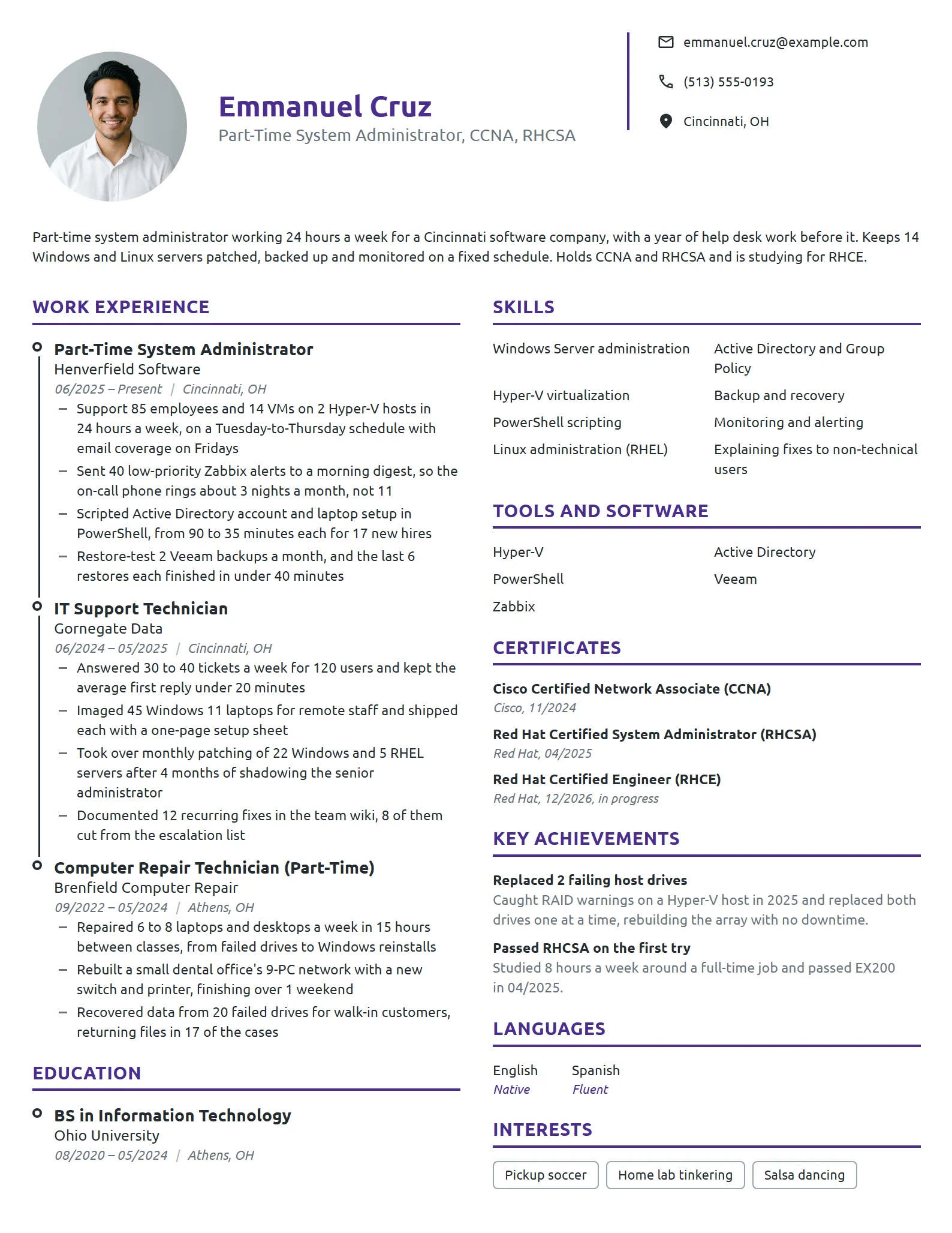 Part-Time System Administrator resume example