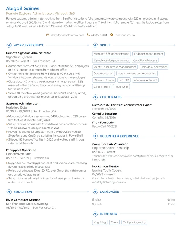 Remote System Administrator resume example