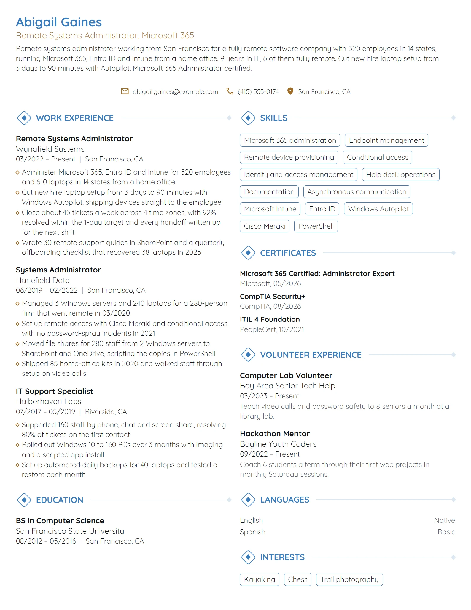 Remote System Administrator resume example