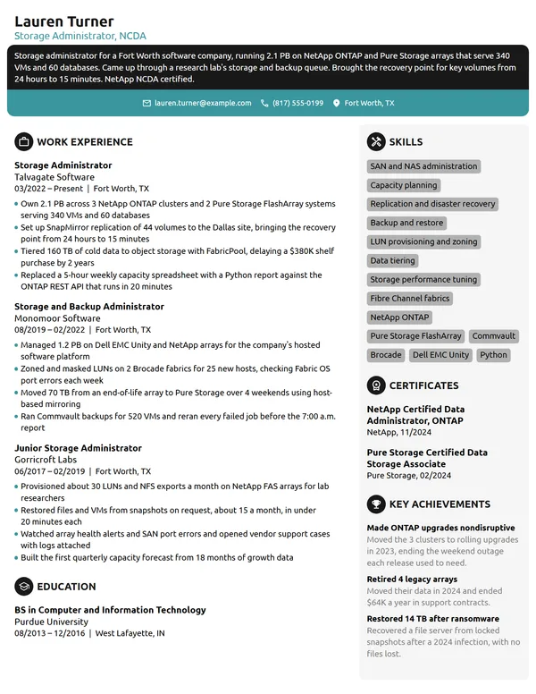 Storage Administrator resume example