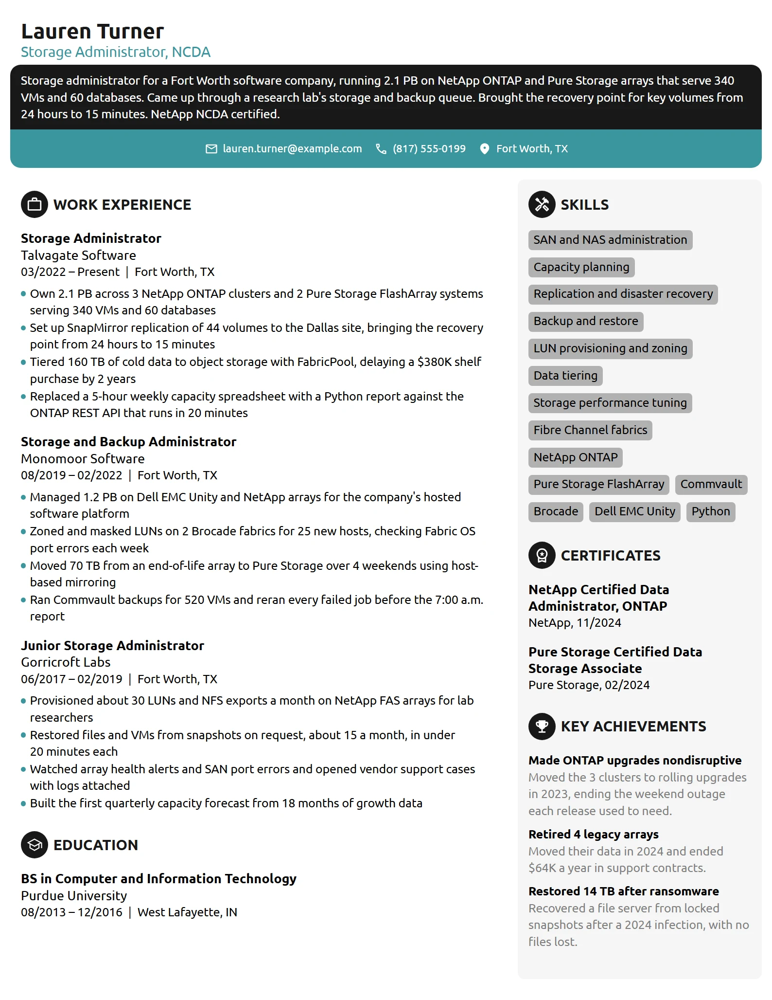 Storage Administrator resume example