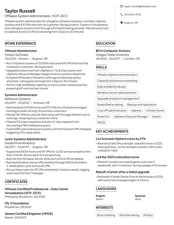 VMware System Administrator resume example