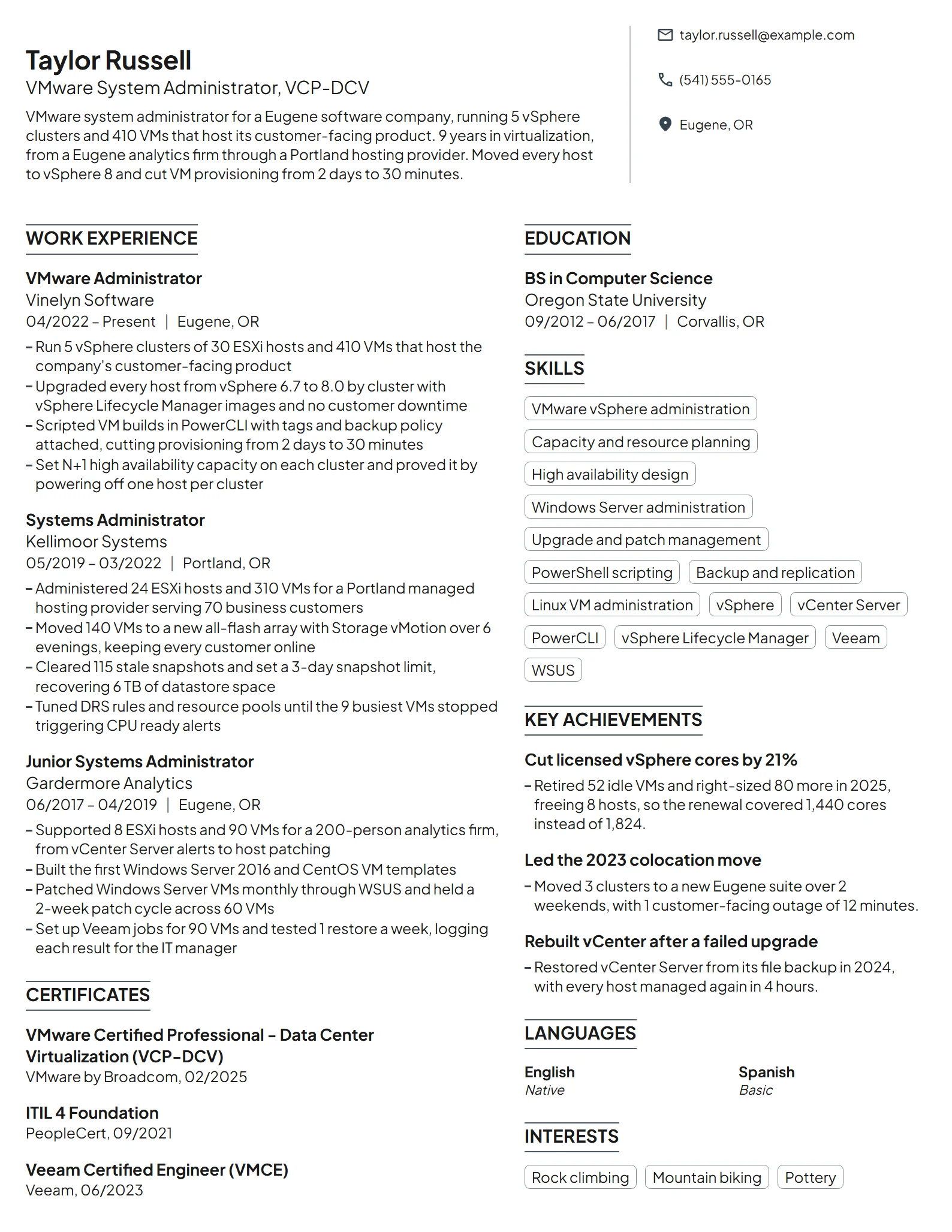 VMware System Administrator resume example