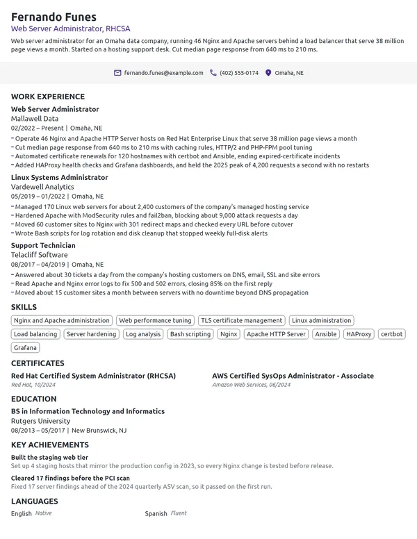 Web Server Administrator resume example