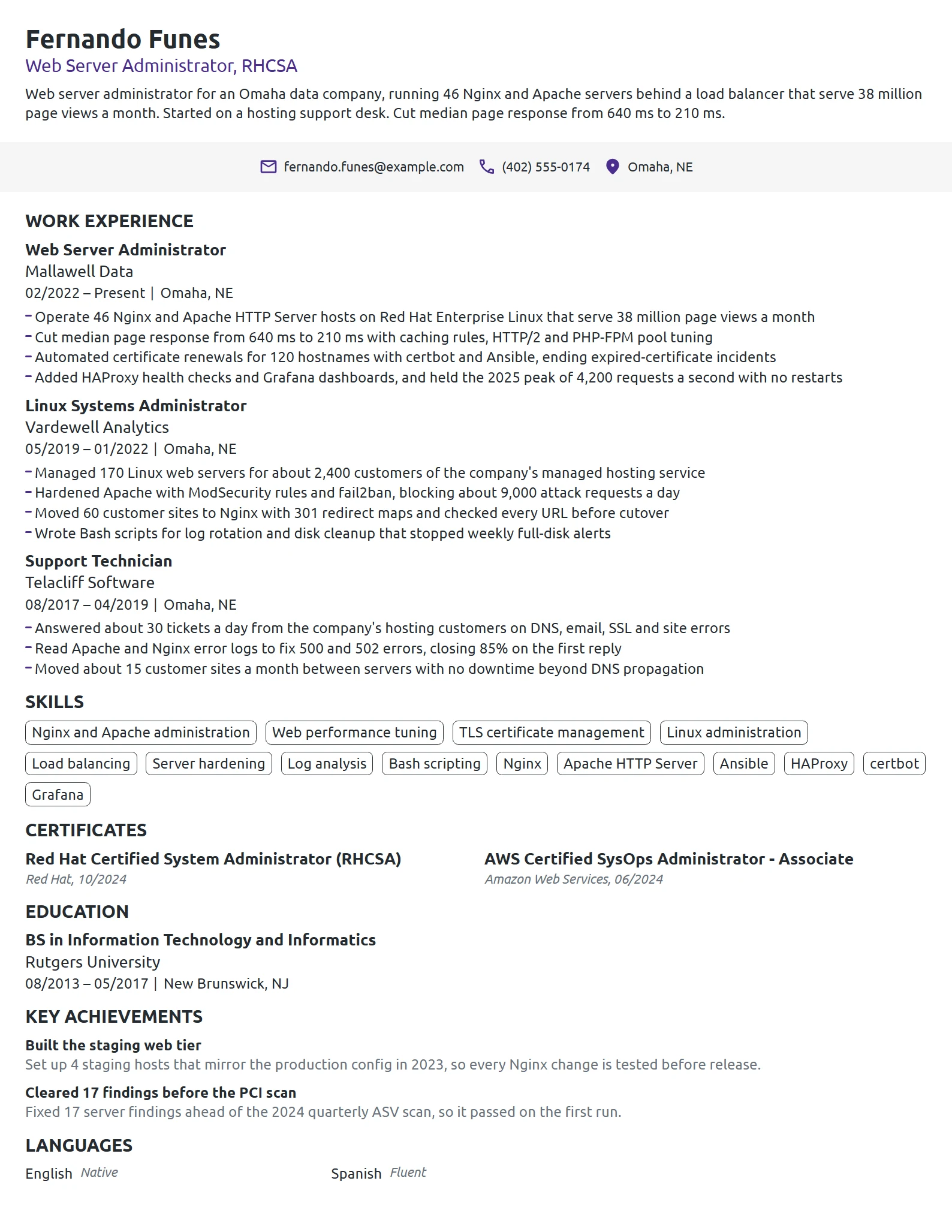 Web Server Administrator resume example