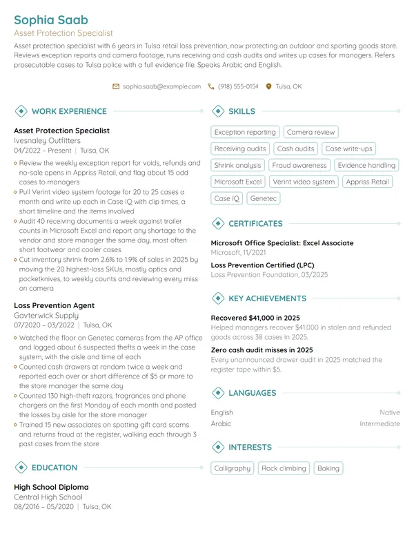 Target Asset Protection Specialist resume example