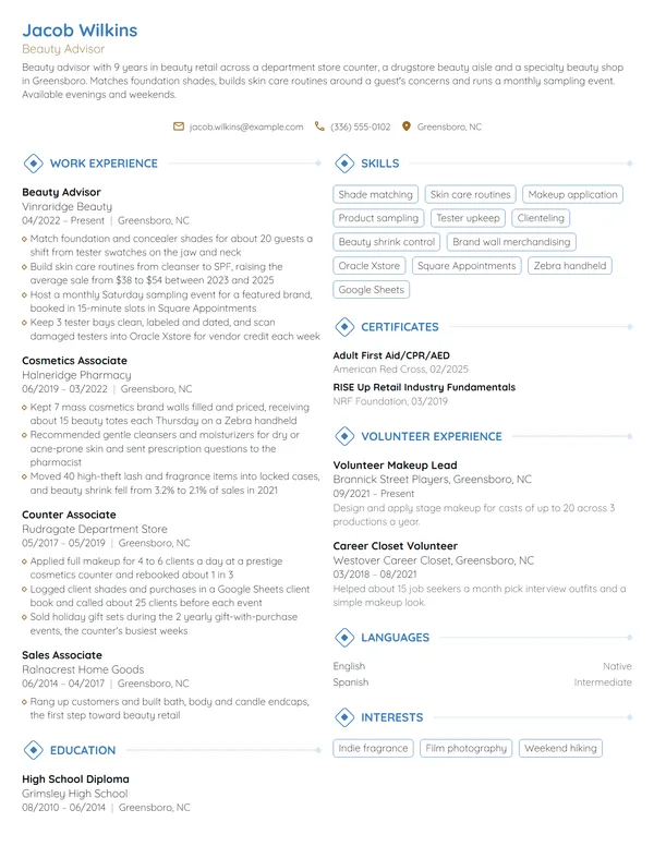 Target Beauty Consultant resume example