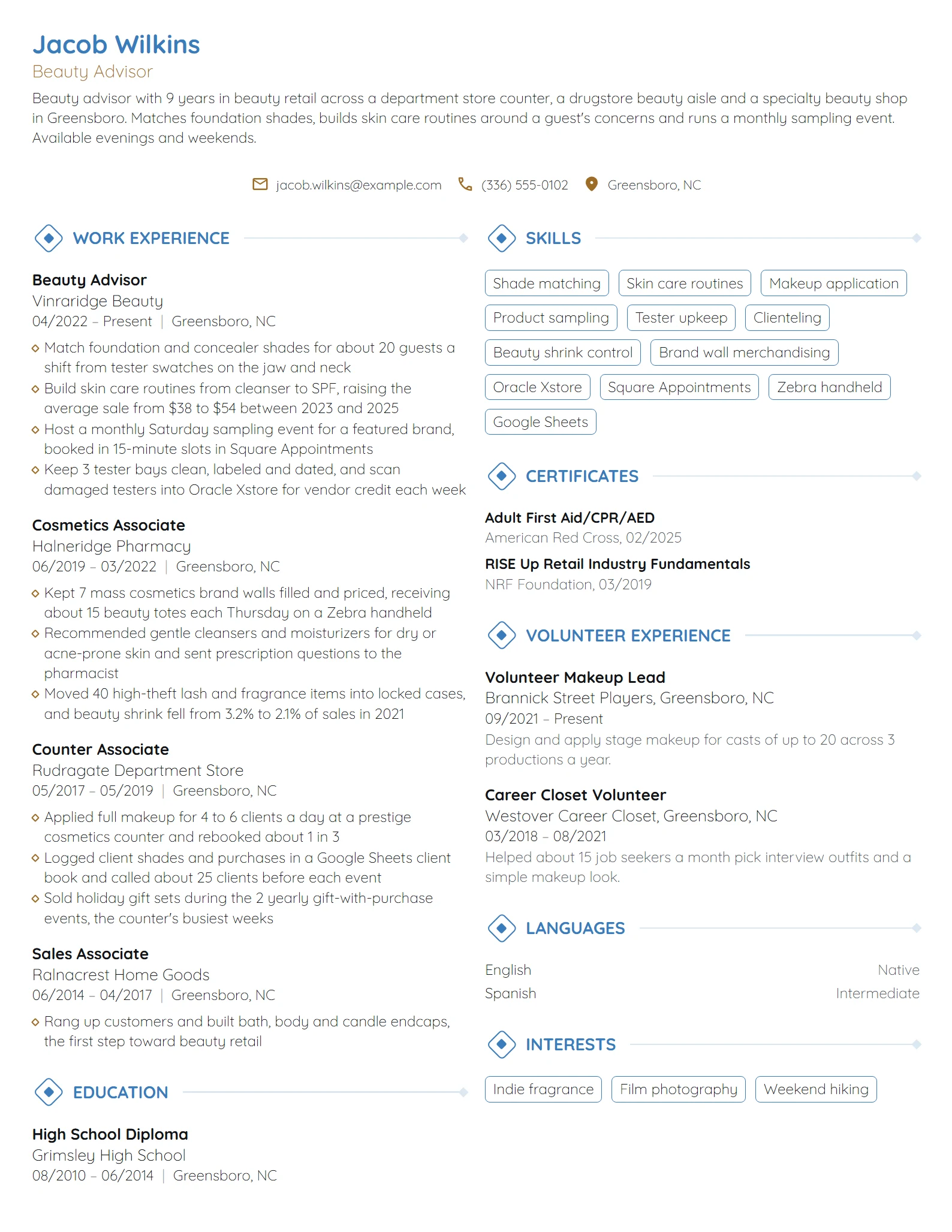 Target Beauty Consultant resume example