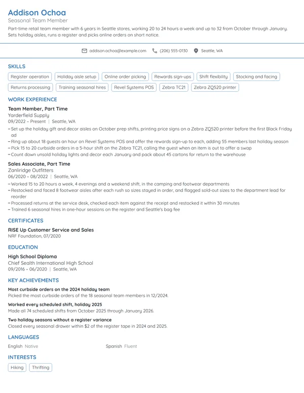 Target Seasonal Team Member resume example