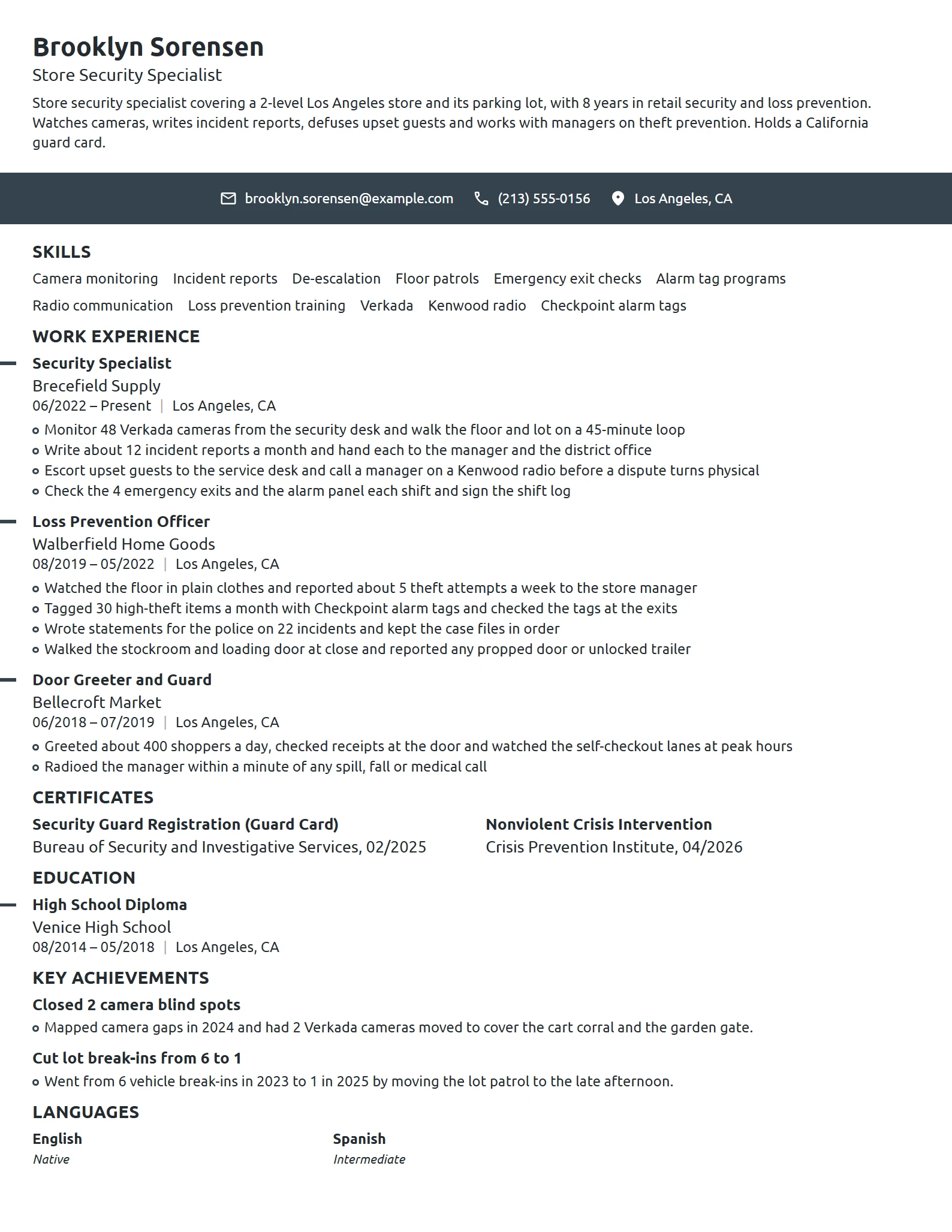 Target Security Specialist resume example