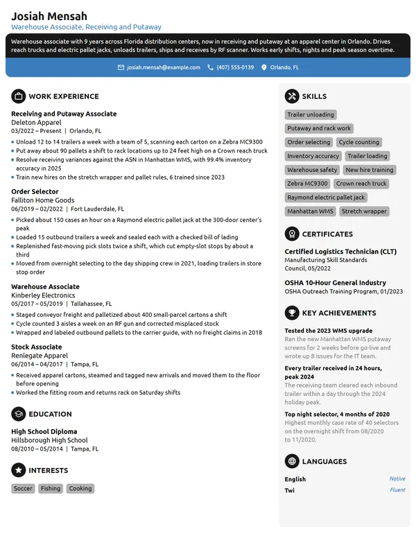 Target Warehouse Worker resume example