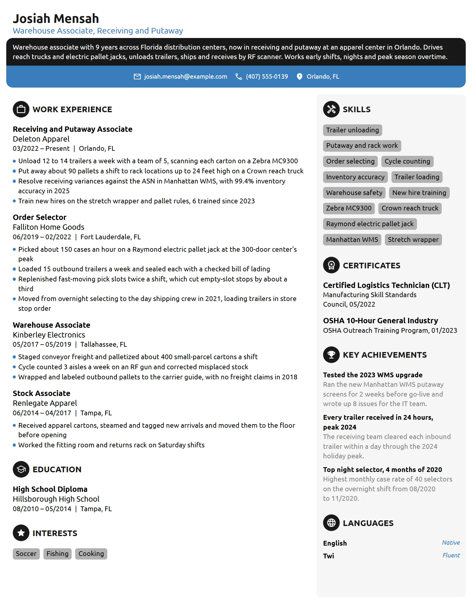 Target Warehouse Worker resume example