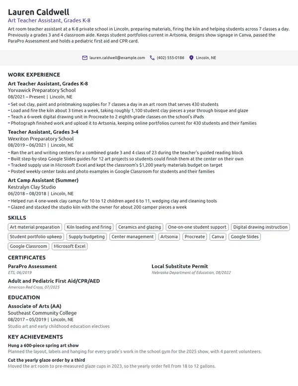 Art Teacher Assistant resume example