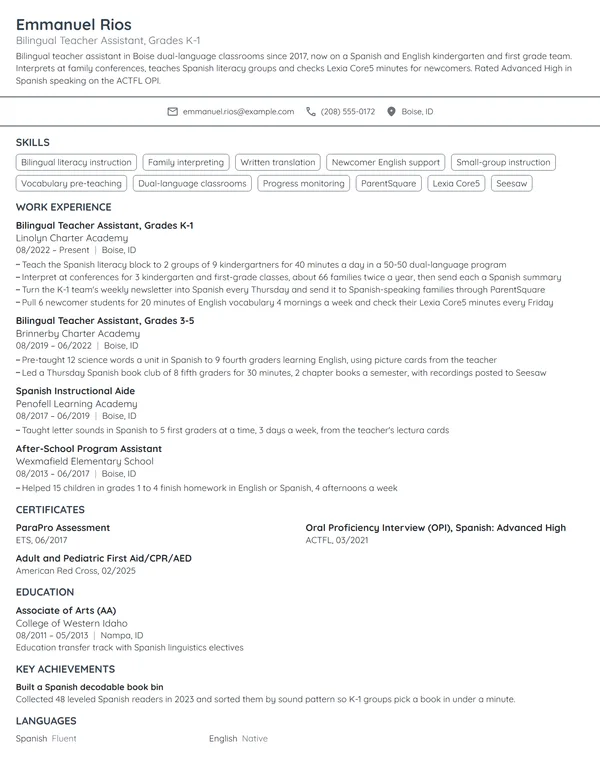Bilingual Teacher Assistant resume example