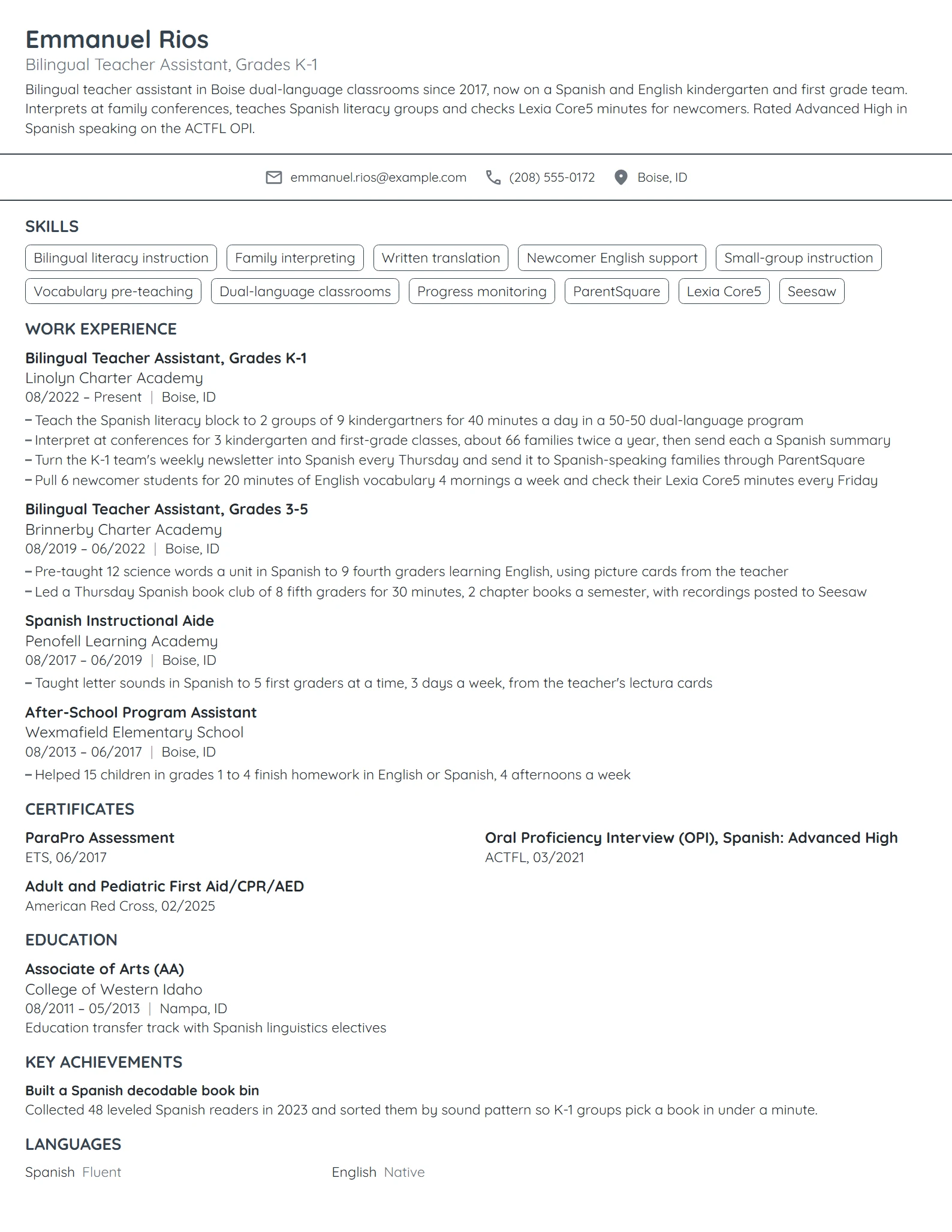 Bilingual Teacher Assistant resume example