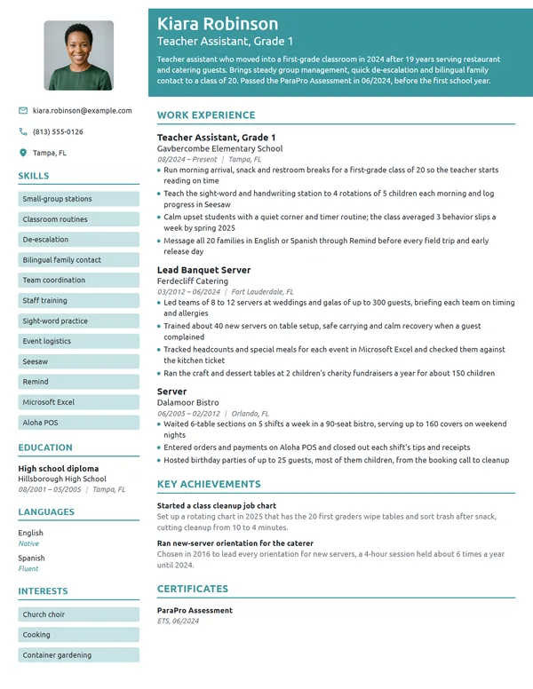 Career Change Teacher Assistant resume example