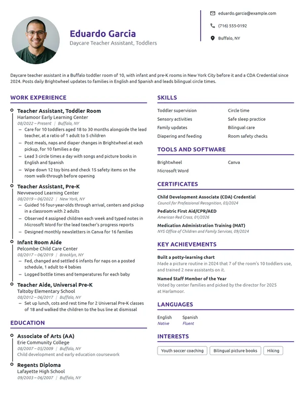 Daycare Teacher Assistant resume example