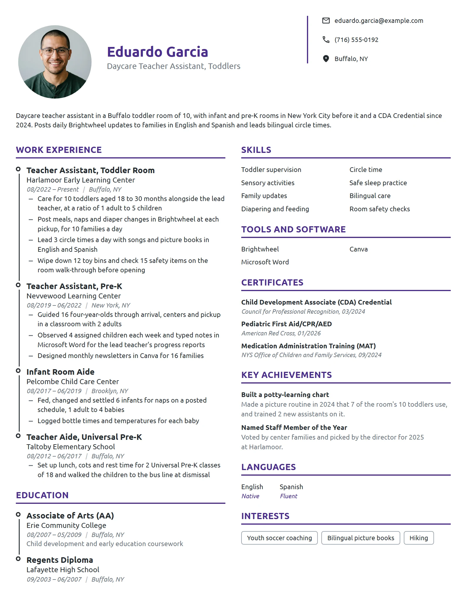 Daycare Teacher Assistant resume example