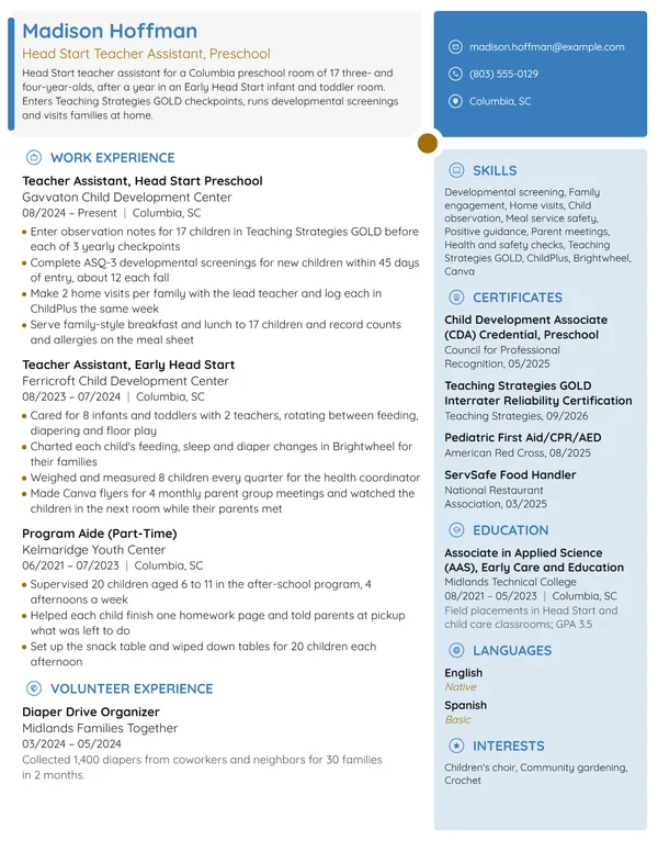 Head Start Teacher Assistant resume example