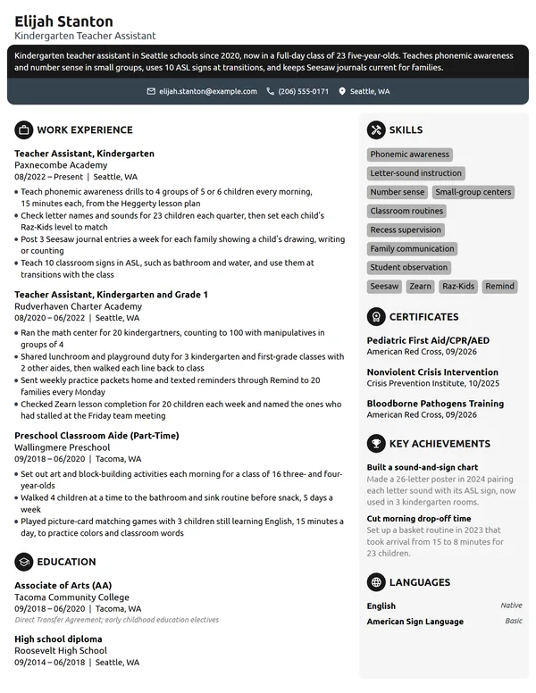 Kindergarten Teacher Assistant resume example