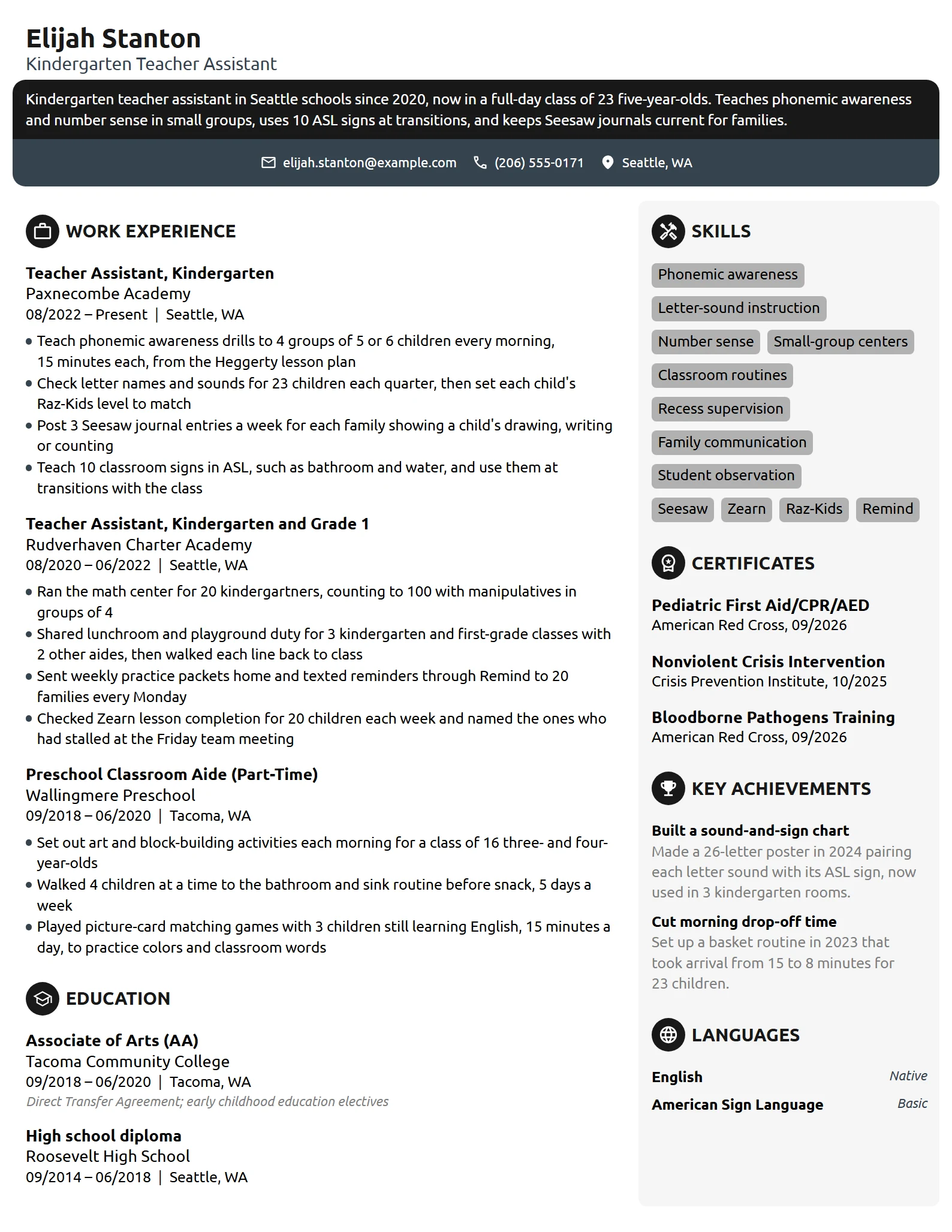 Kindergarten Teacher Assistant resume example