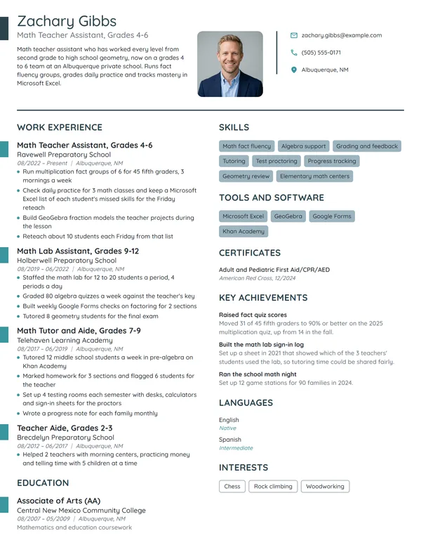 Math Teacher Assistant resume example